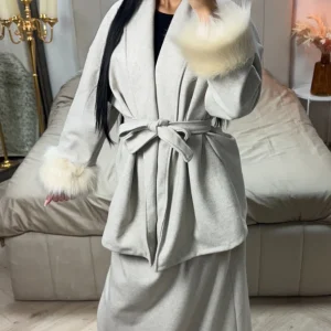 Tie Belt Fur Sleeve Cardigan Skirt Set
