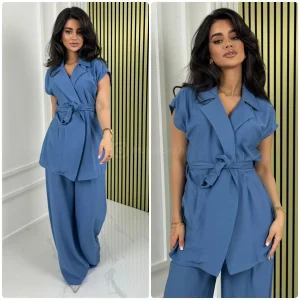 Tie Belt Sleeveless Wrap Basic Wide Leg Set