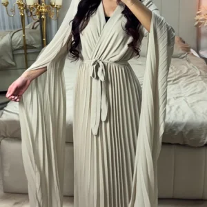 Tie Belt V Neck Pleated Dress + Shawl Sleeves