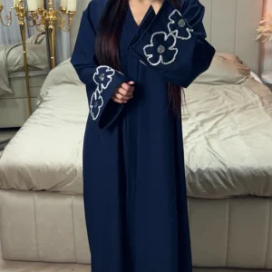 V Neck Abaya Flower Embroidery Detail