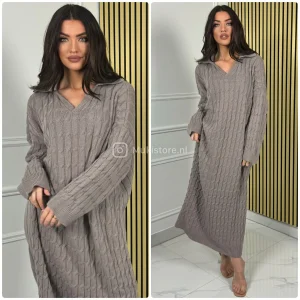 V Neck Collar Fully Cable Oversized Maxi Dress 23525