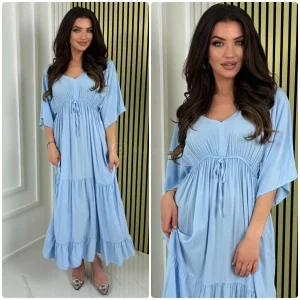 V Neck Half Sleeve Pleated Tie Belt Dress