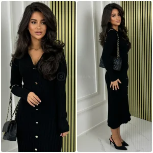 V Neck Knit Dress Golden Buttons