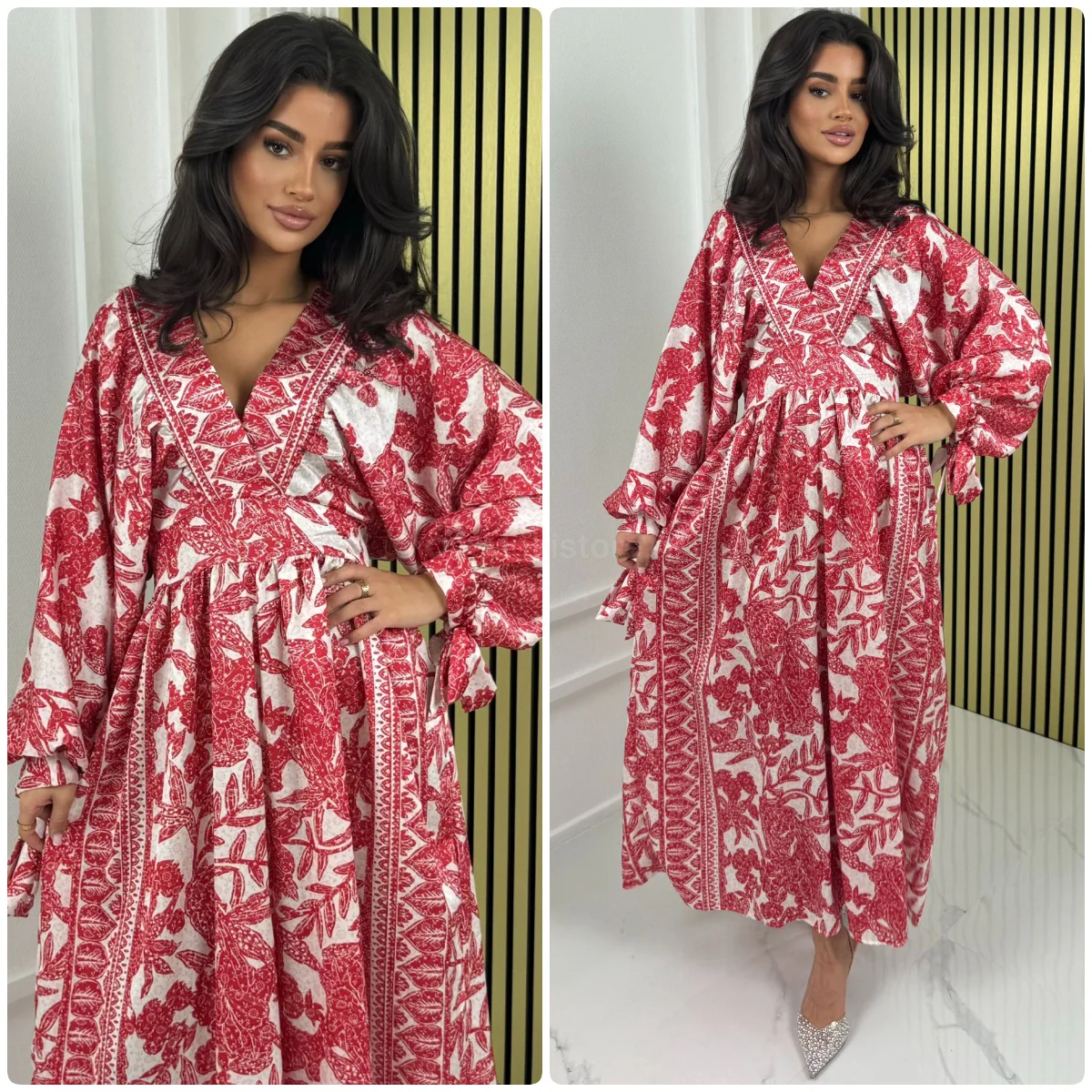 V Neck Oriental Maxi Cord Sleeve Detail - Afbeelding 5