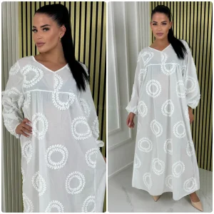 V Neck Round Embroidery Maxi