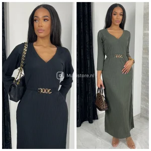 V Neck Thin Ribbed Tie Belt Gold Dress