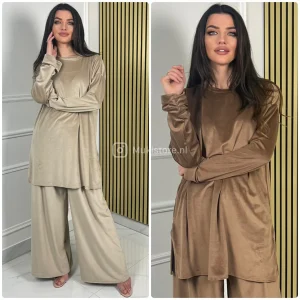 Velvet Oversized Round Neck Basic Wide Leg Set