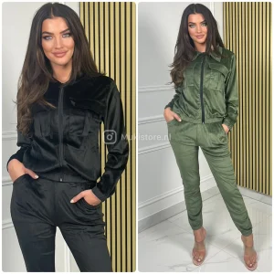 Velvet 2pcs Zip Set Chest Pockets 336-1