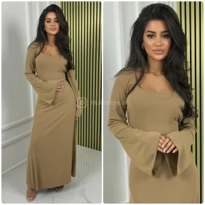 Waist Zigzag Drawstrings Wide Sleeves Ribbed Dress
