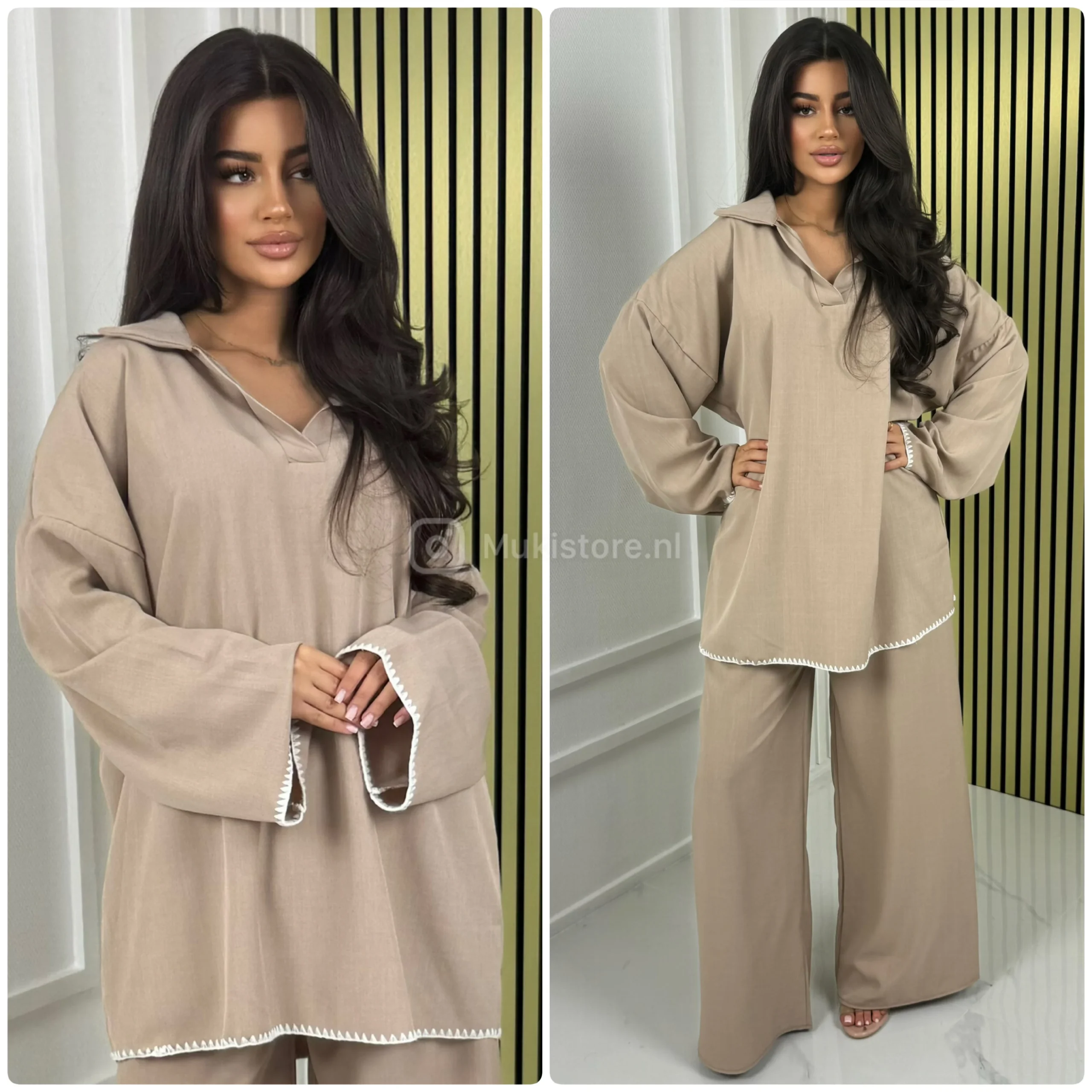 White Embroidery V Neck Collar Wide Leg Set - Afbeelding 7