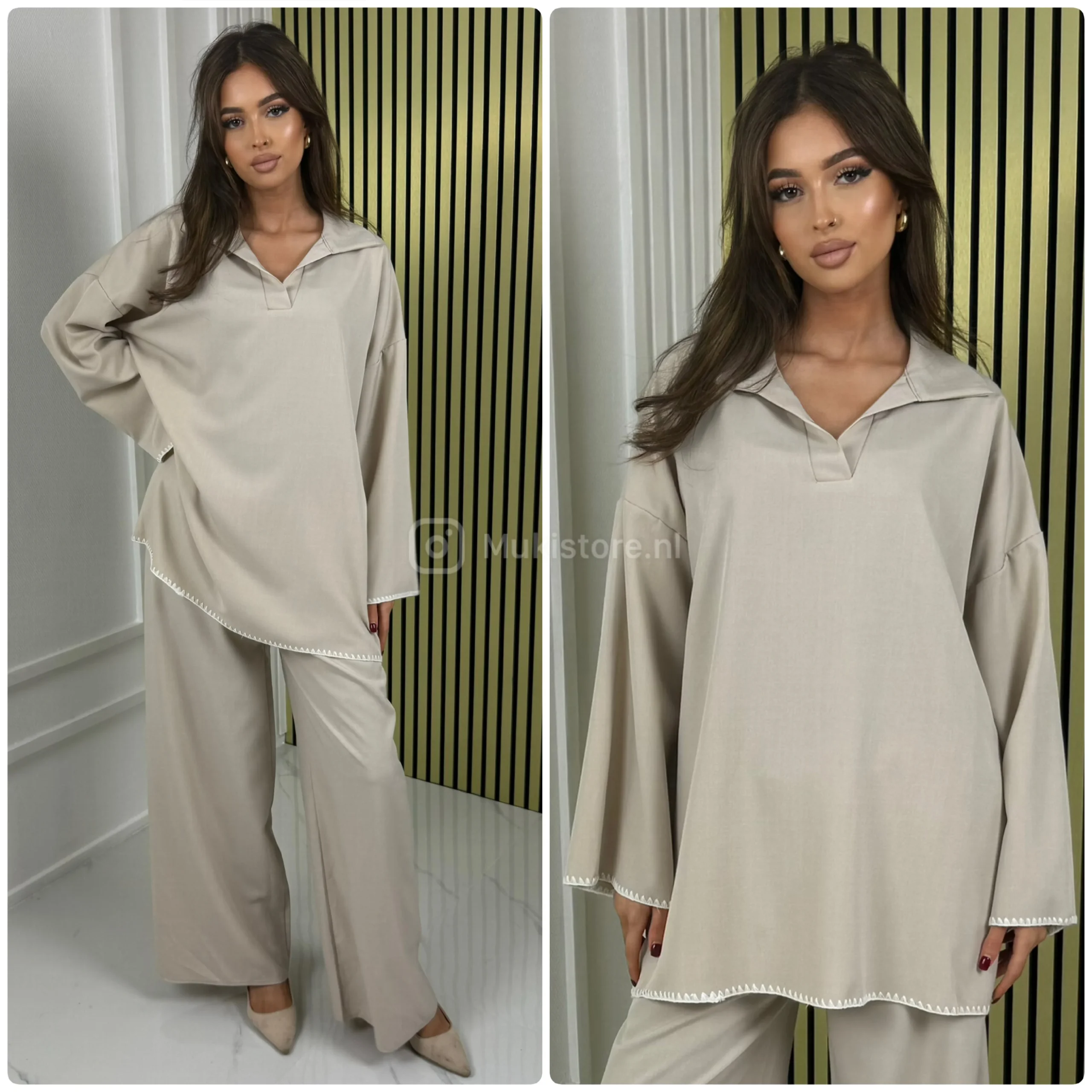 White Embroidery V Neck Collar Wide Leg Set - Afbeelding 6