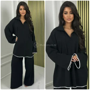 White Embroidery V Neck Collar Wide Leg Set