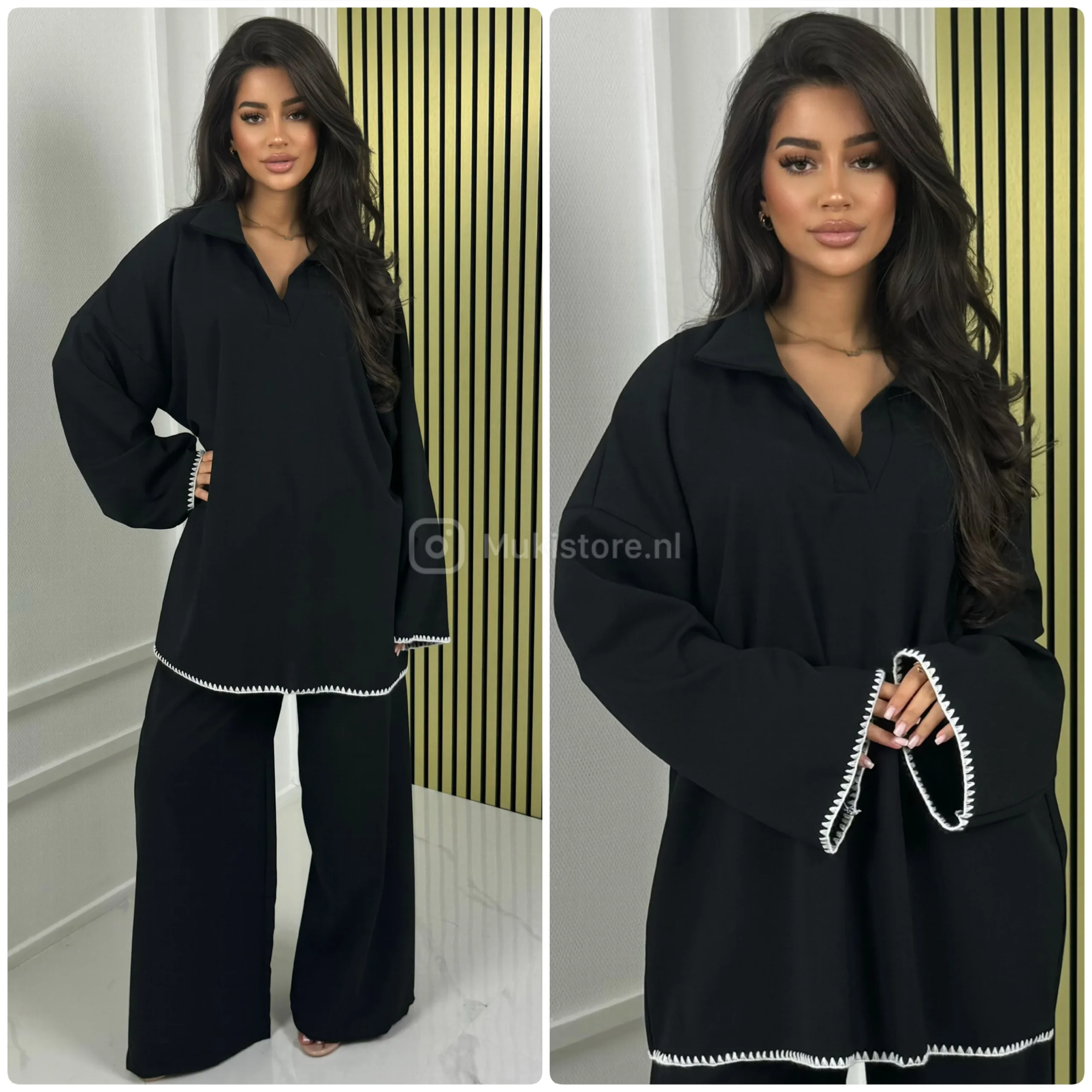 White Embroidery V Neck Collar Wide Leg Set - Afbeelding 8