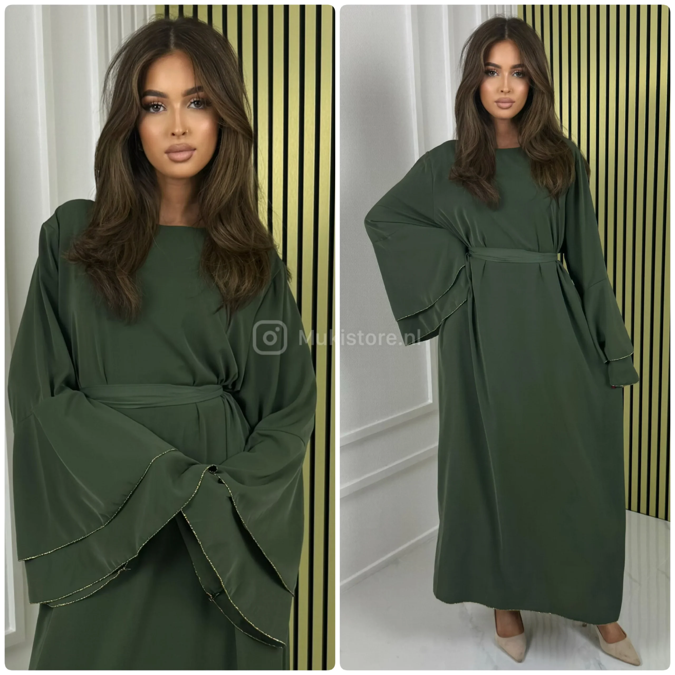 Wide Layered Sleeves Golden Seam Tie Belt Dress - Afbeelding 9