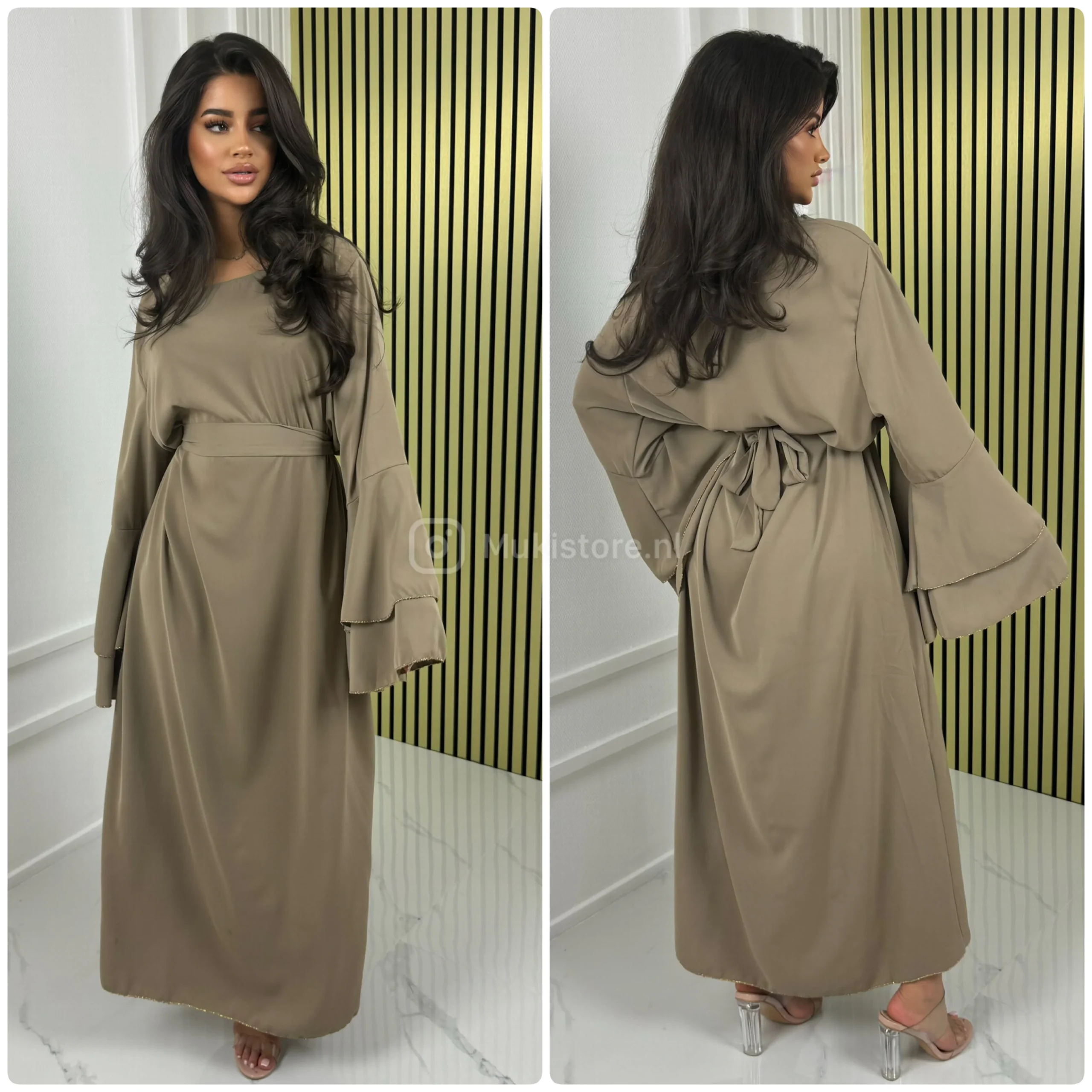 Wide Layered Sleeves Golden Seam Tie Belt Dress - Afbeelding 8