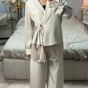 Wrap Cardigan Tie Blouse Set