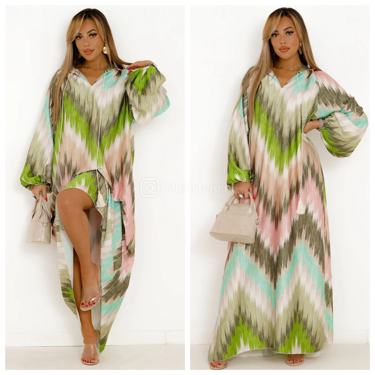 Zigzag Colorful Oversized Satin Maxi Drawstrings Dress - Afbeelding 3