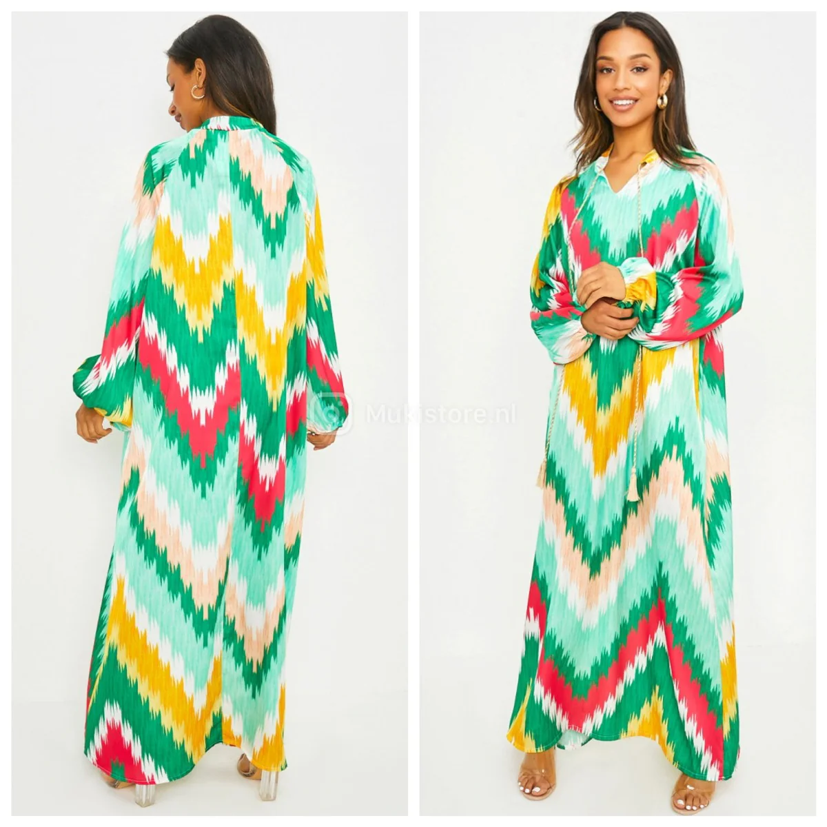 Zigzag Colorful Oversized Satin Maxi Drawstrings Dress - Afbeelding 8