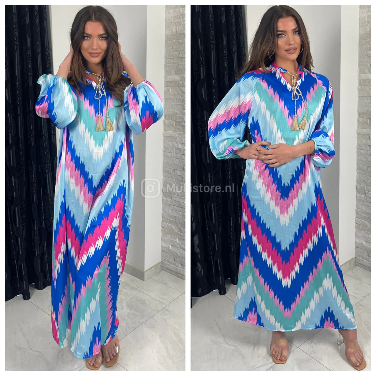 Zigzag Colorful Oversized Satin Maxi Drawstrings Dress - Afbeelding 4