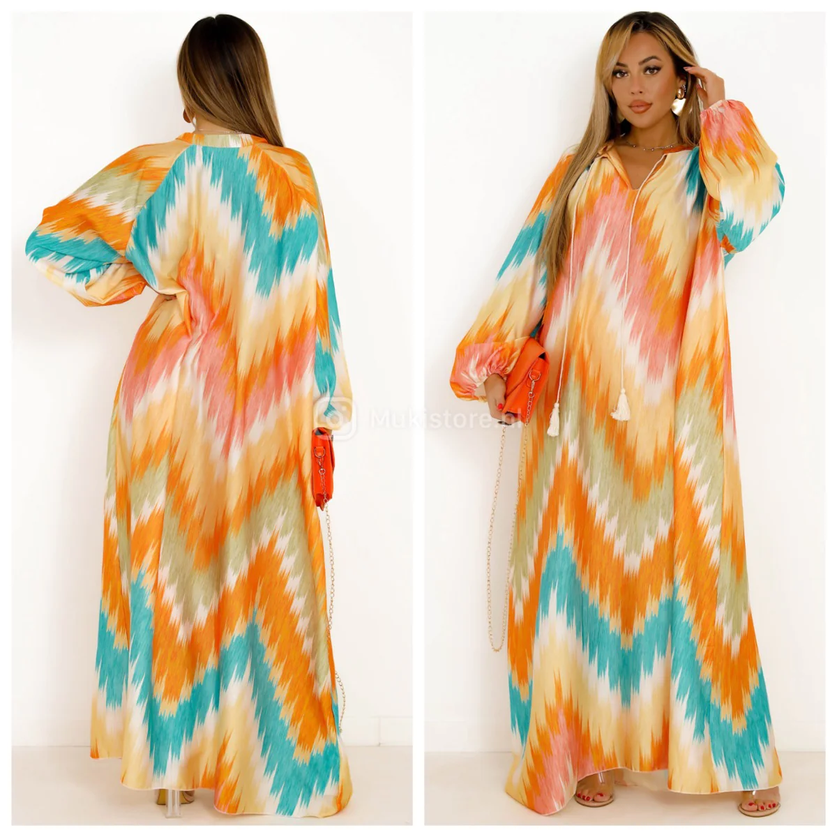 Zigzag Colorful Oversized Satin Maxi Drawstrings Dress - Afbeelding 5