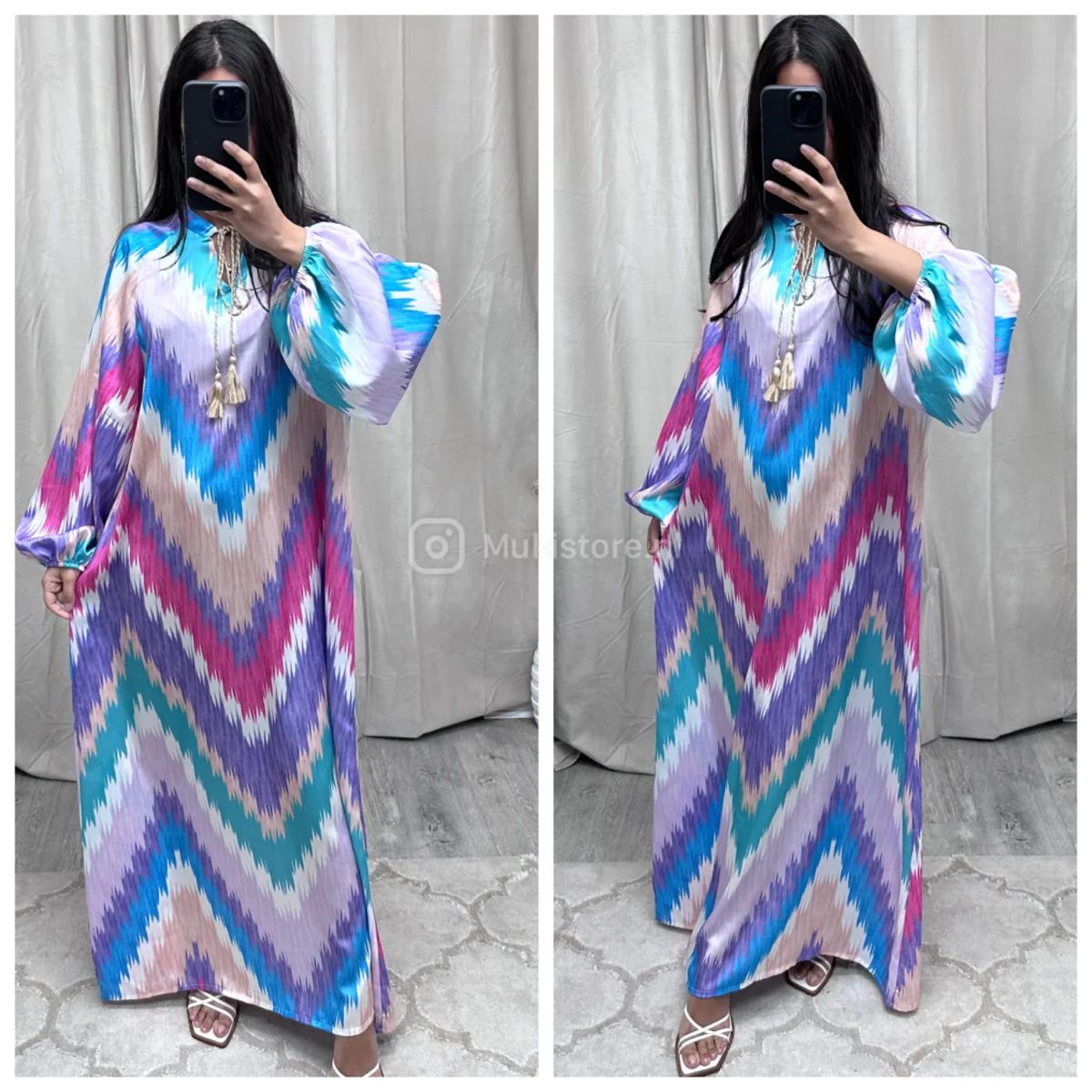 Zigzag Colorful Oversized Satin Maxi Drawstrings Dress - Afbeelding 6