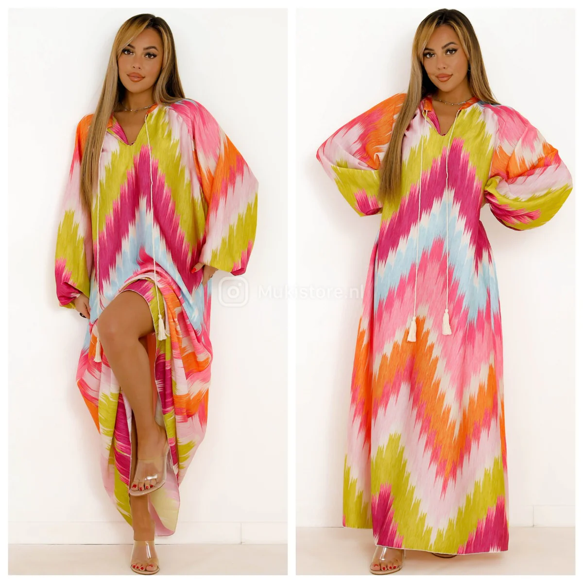 Zigzag Colorful Oversized Satin Maxi Drawstrings Dress