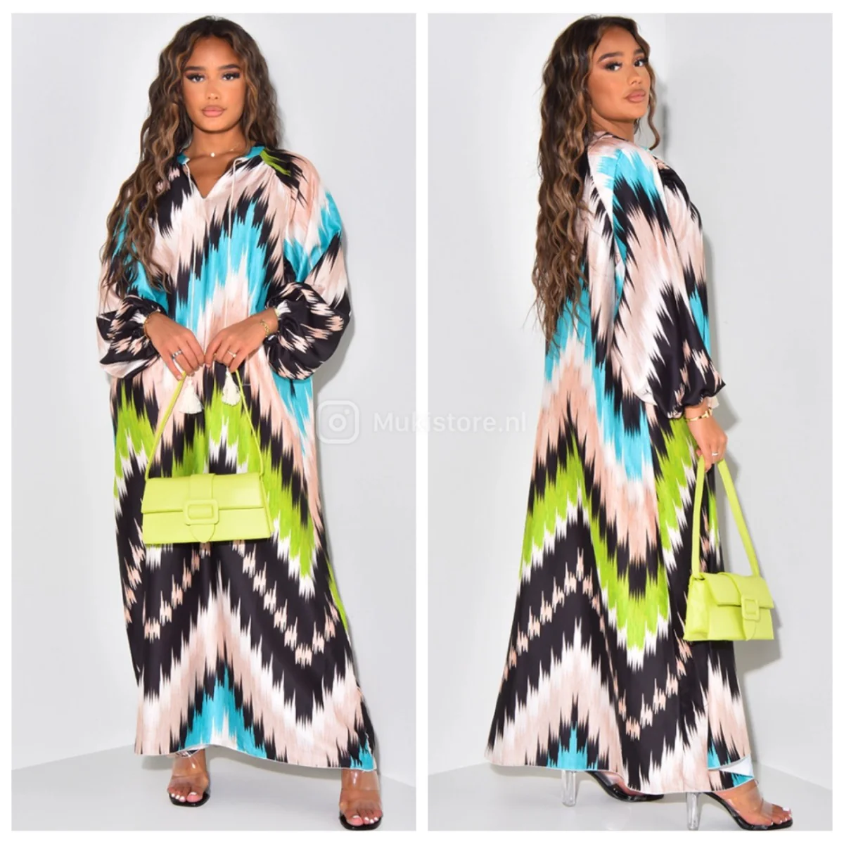 Zigzag Colorful Oversized Satin Maxi Drawstrings Dress - Afbeelding 7