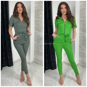 Zipper Jumpsuit Tie Belt Half Sleeves